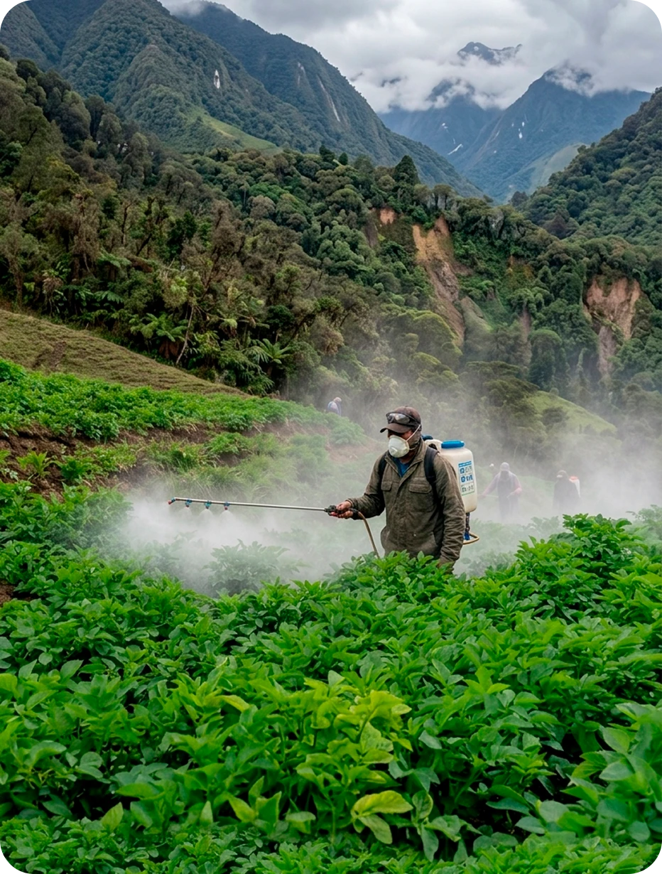 Agricultor aplicando fertilizante en cultivo de montaña en Colombia