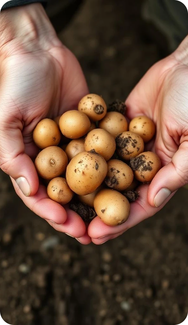 Manos sosteniendo papas cosechadas de la tierra