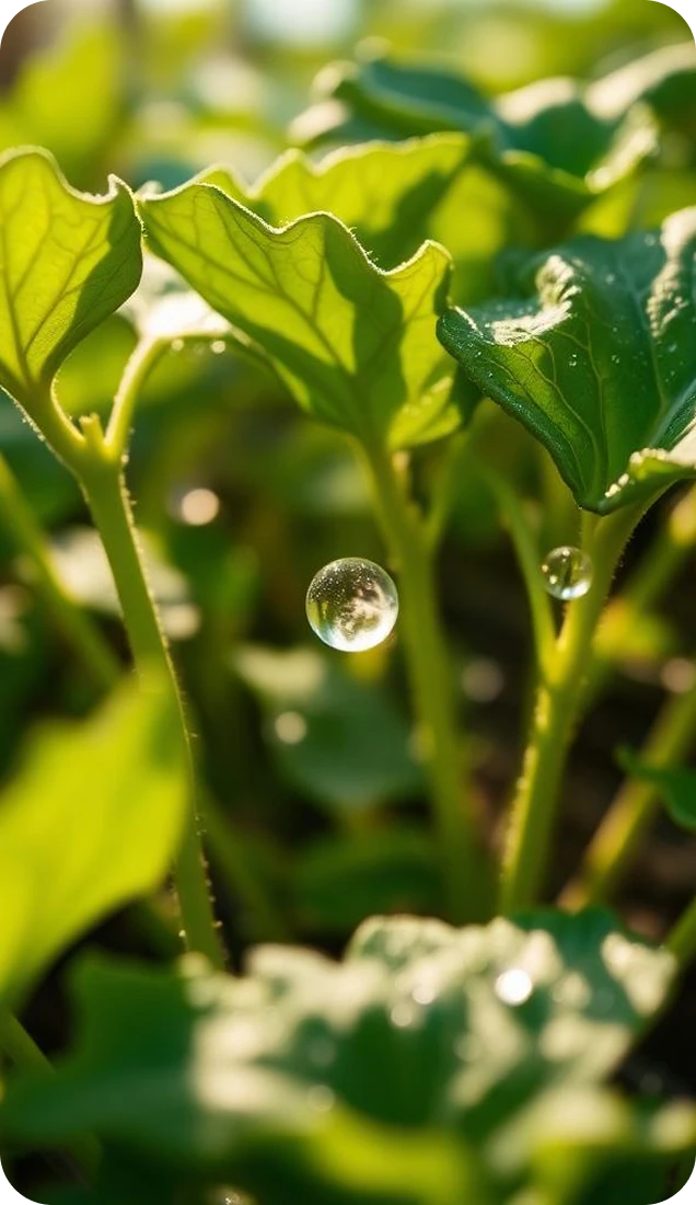 Primer plano detallado de hojas verdes de papa con gotas de rocío